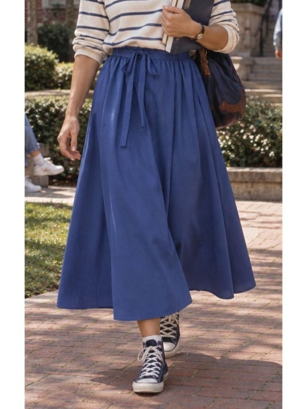 Vintage 80s A Line Midi Skirt 10 Blue Tie Waist Deadstock Prairie Folk Western